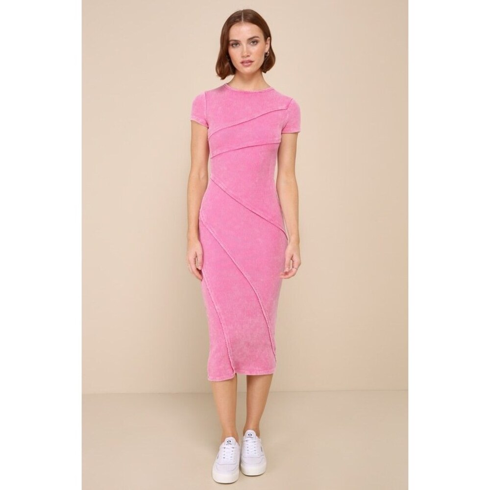 Lulus Totally The Sweetest Washed Pink Ribbed Seamed Midi Dress - Size M
